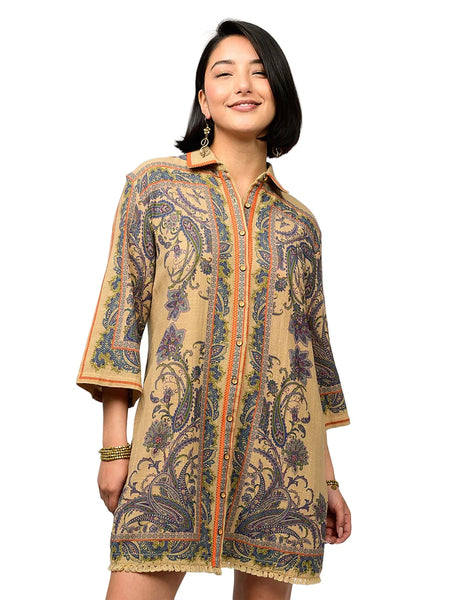 Paisley Border Shirt Dress Camel by Ivy Jane