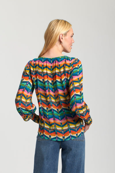 Colorful Pattern Silky Peasant Blouse Navy Multi by APNY