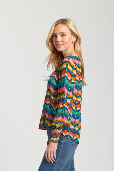 Colorful Pattern Silky Peasant Blouse Navy Multi by APNY