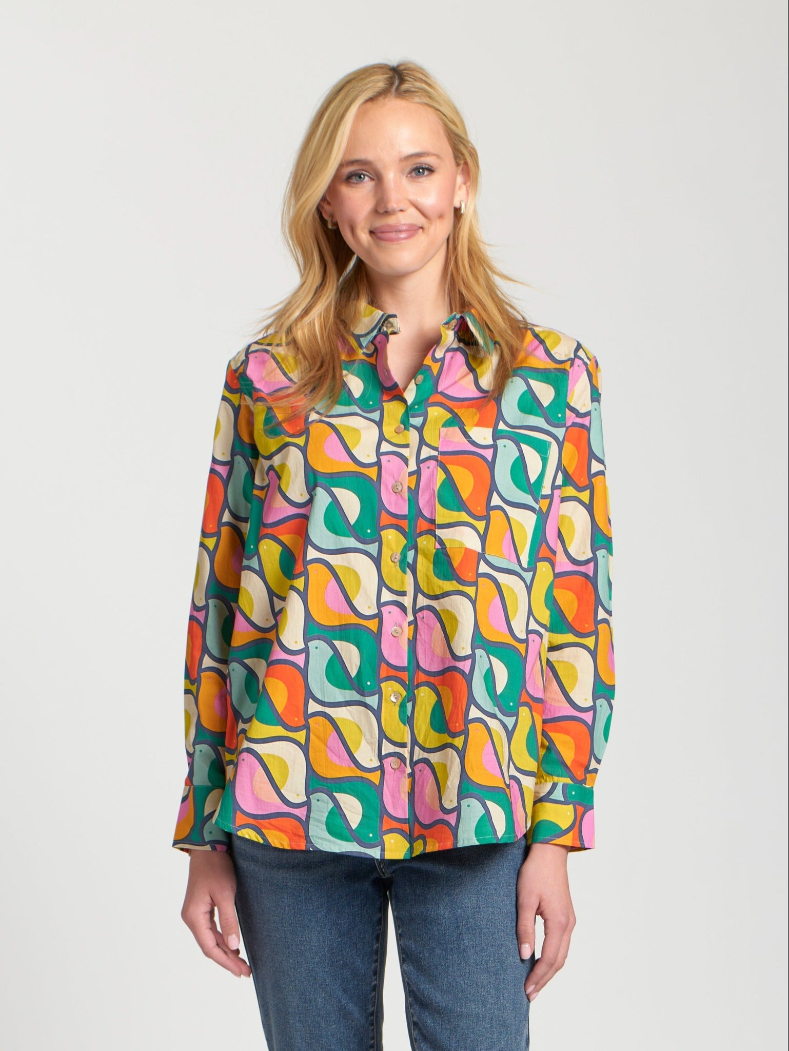 Boyfriend Poplin Button-Up Shirt Green Multi by APNY