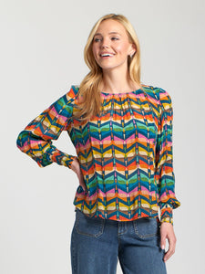 Colorful Pattern Silky Peasant Blouse Navy Multi by APNY