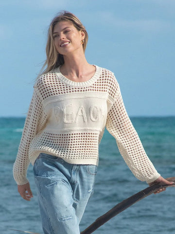 Open Crochet Crew Neck Beach Sweater Buttercream by Tribal