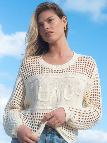 Open Crochet Crew Neck Beach Sweater Buttercream by Tribal