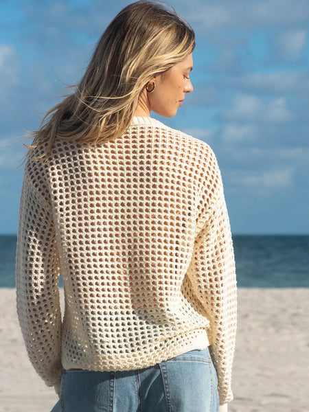 Open Crochet Crew Neck Beach Sweater Buttercream by Tribal